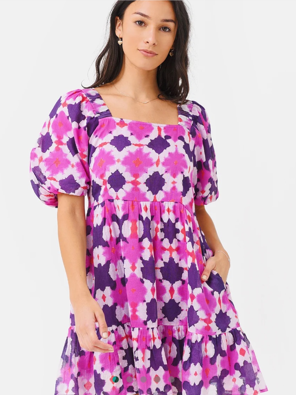 Banjanan Pink & Purple Floral Square-Neck Puff Sleeve Dress